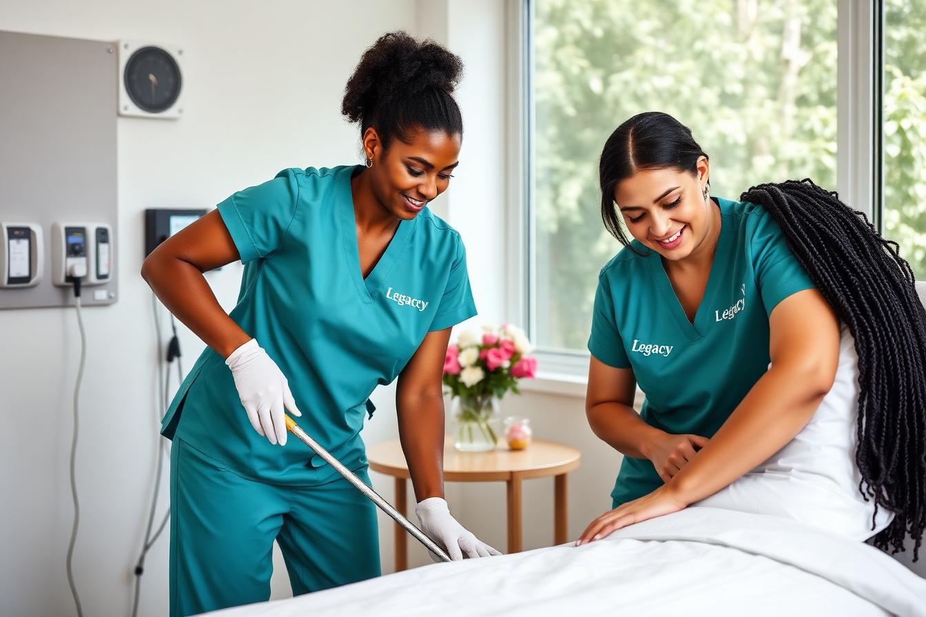 Diverse cleaning team caring for a hospice facility room